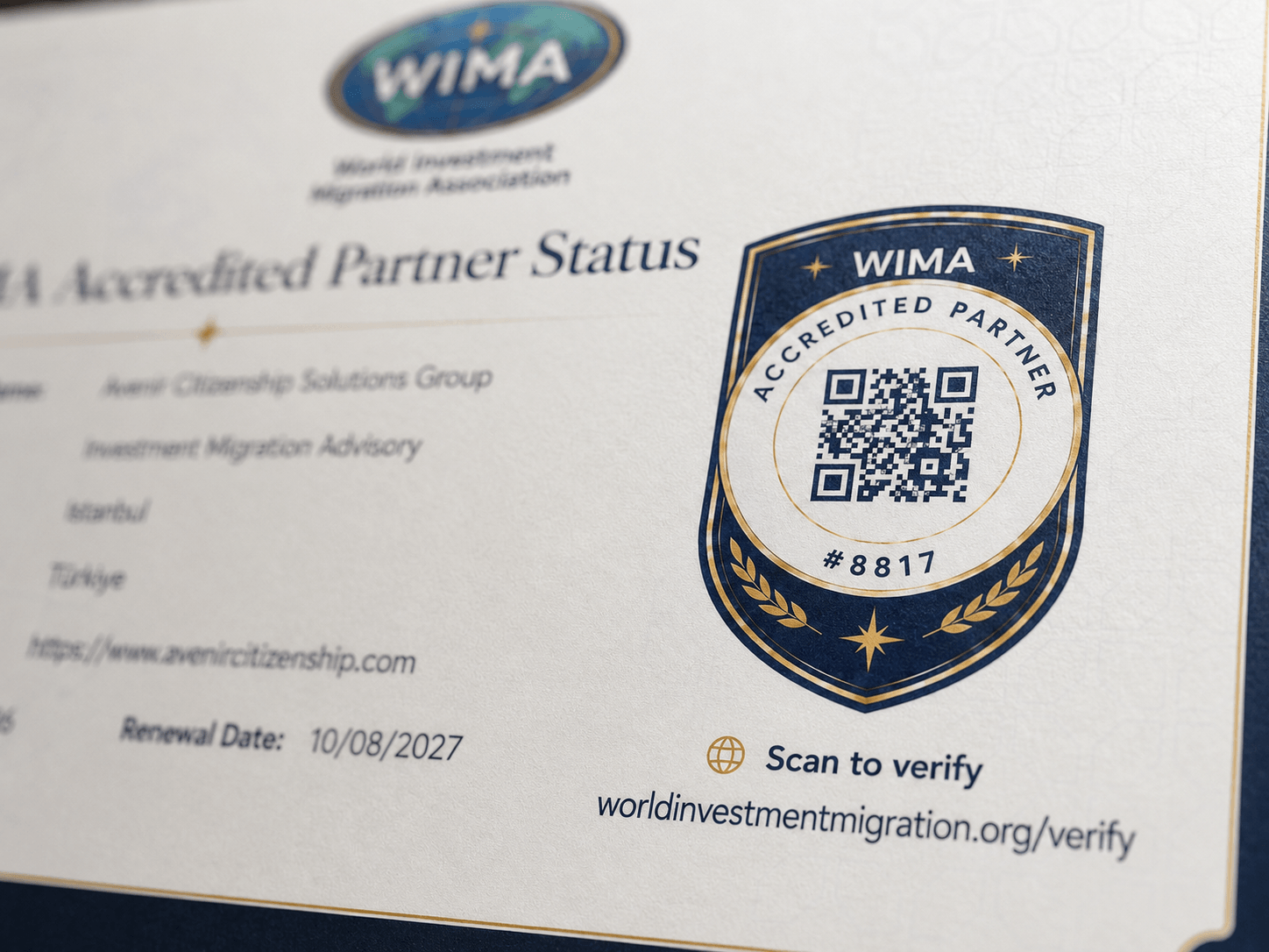 WIMA Accredited Partner Status certificate and QR verification detail