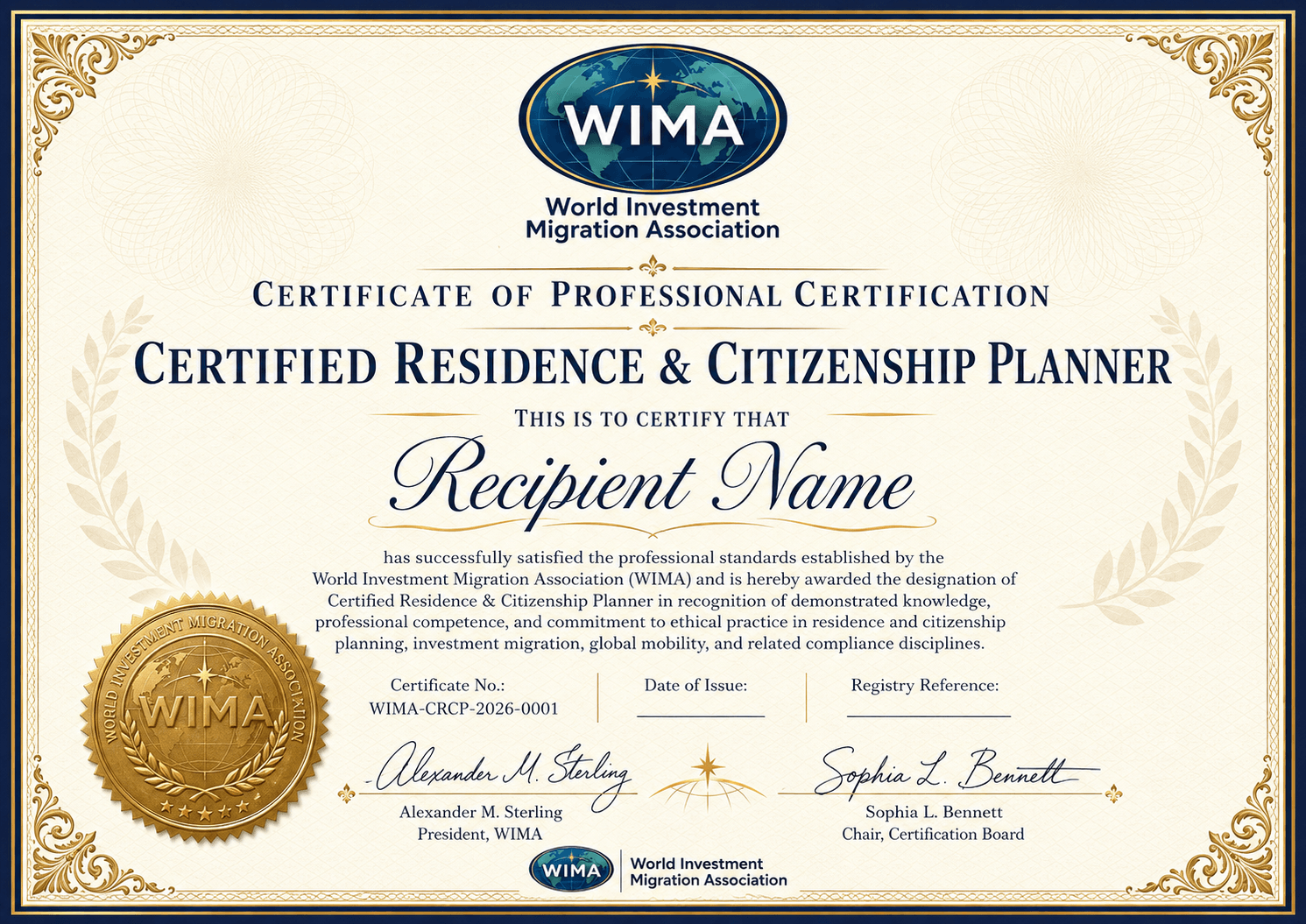 Sample WIMA Certified Residence and Citizenship Planner certificate